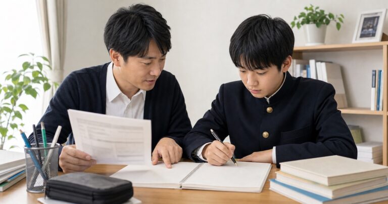 石川県総合模試の結果を見ながら学習計画を相談する中3生のアイキャッチ画像
