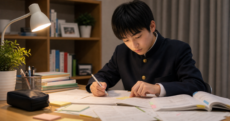 提出物と学校ワークを見直す中学生のアイキャッチ画像