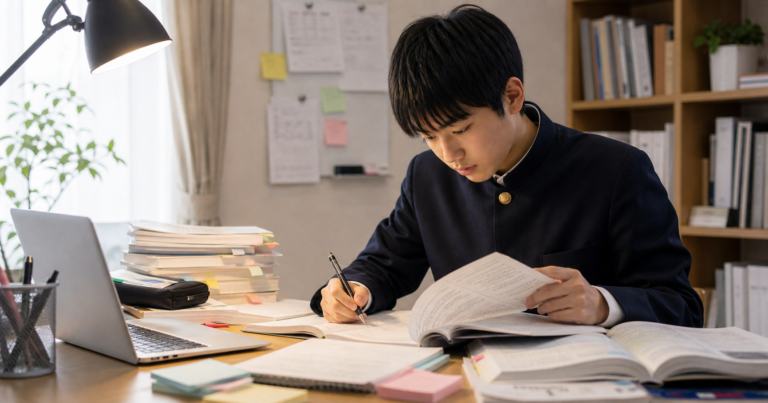 学校課題と大学受験勉強を両立する高校生のアイキャッチ画像