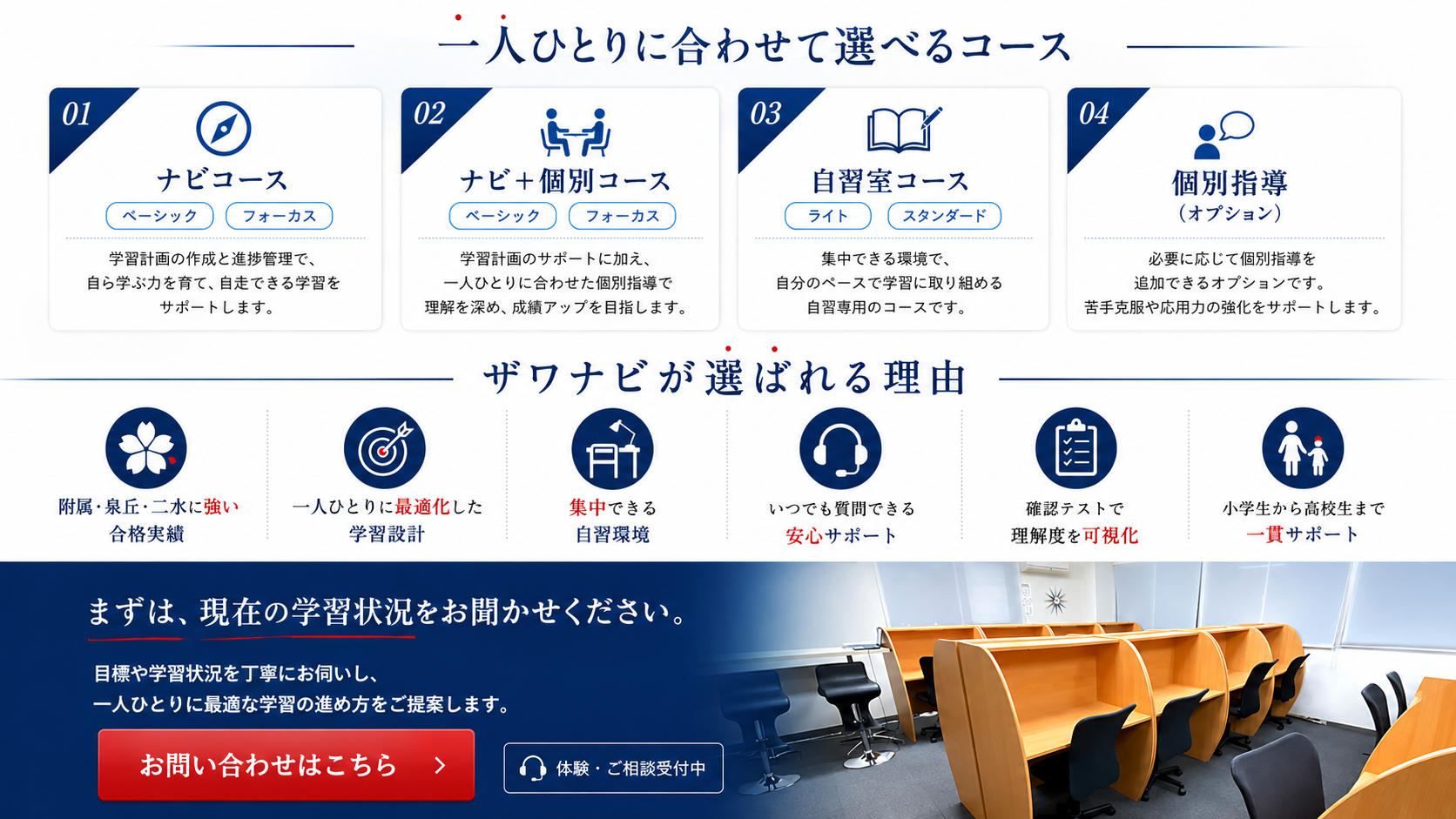 ザワナビのコース紹介 ナビコース ナビプラス個別コース 自習室コース 個別指導 お問い合わせはこちら