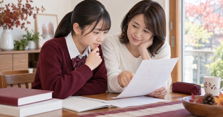 中間テストの答案を見ながら課題を共有する中学生と保護者